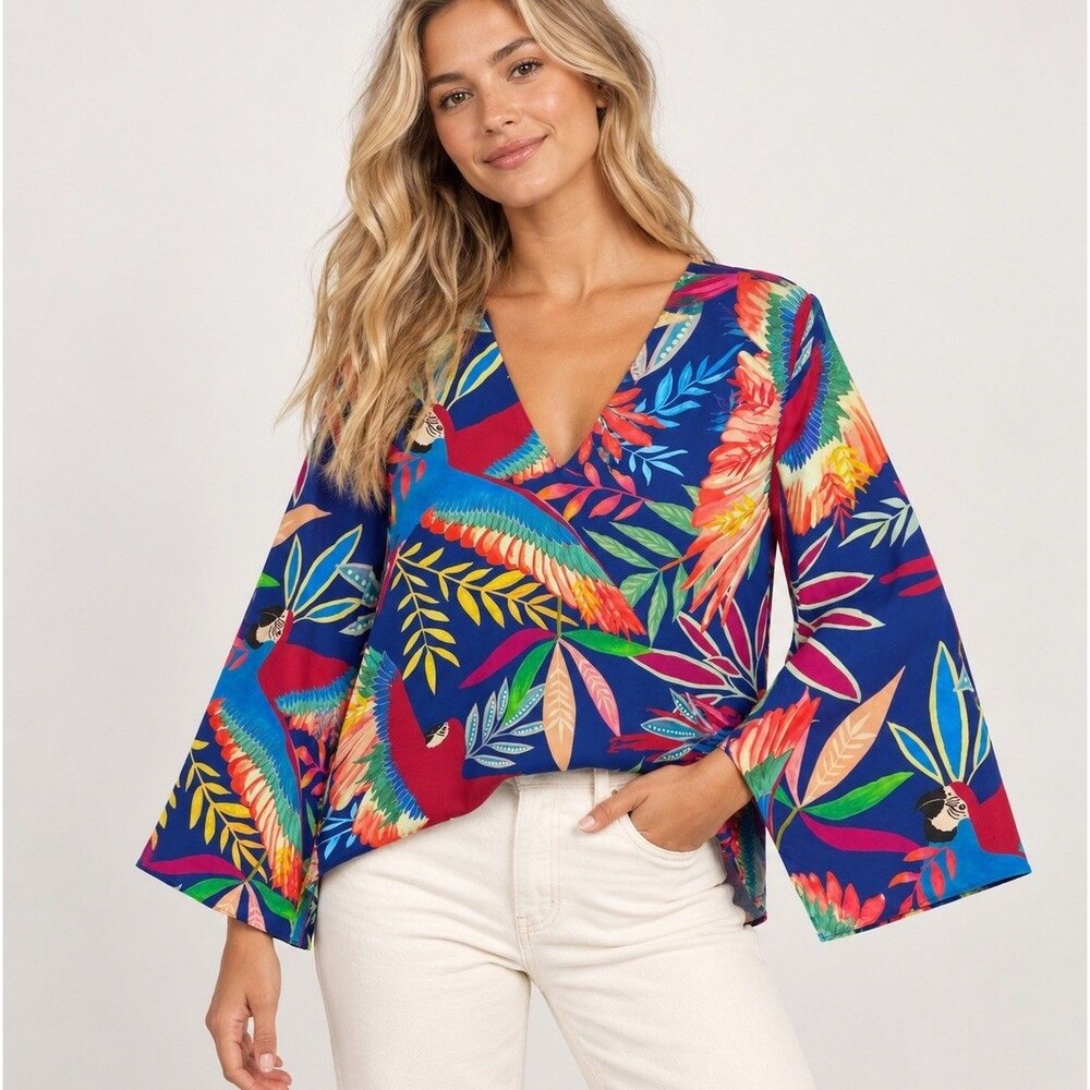 Farm Rio Anthropologie Kaia Blouse M Tropical Bird Bell Sleeve Blue NWT